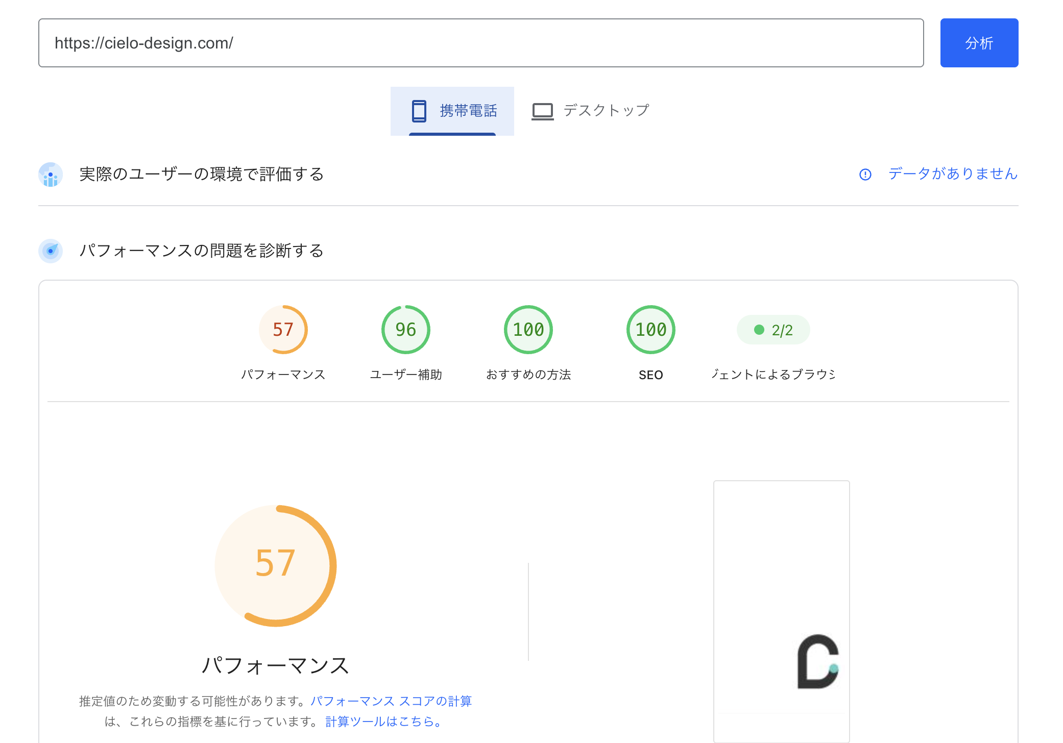 PageSpeed Insights モバイル計測結果:パフォーマンス57、ユーザー補助96、おすすめの方法100、SEO100