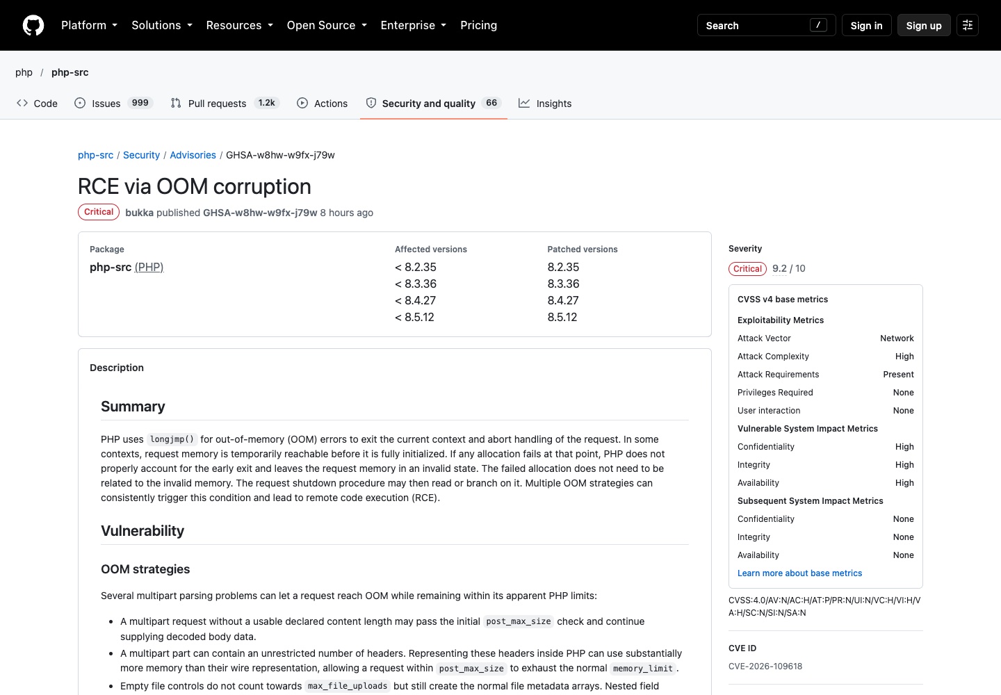 GitHub 上で公開された PHP のセキュリティアドバイザリ GHSA-w8hw-w9fx-j79w(CVE-2026-109618)