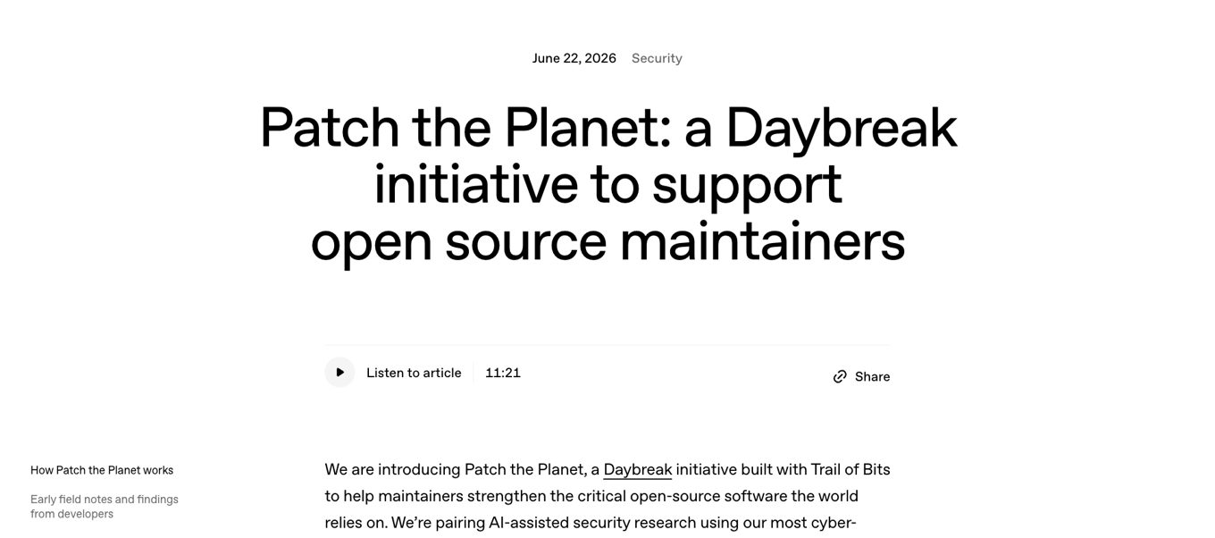 OpenAI が 2026年6月22日に発表した Patch the Planet のページ
