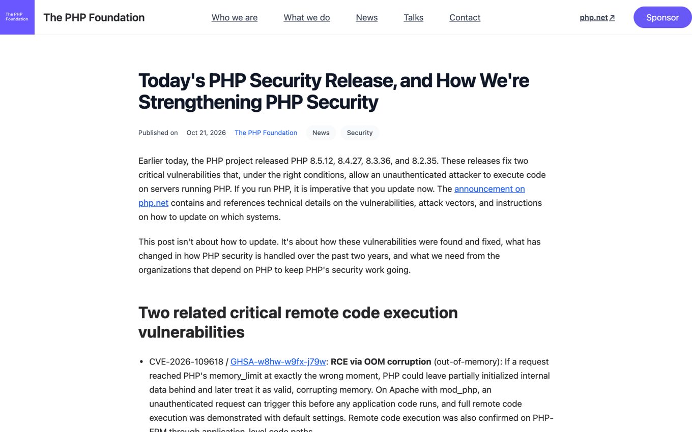 PHP Foundation 公式ブログ「Today's PHP Security Release, and How We're Strengthening PHP Security」