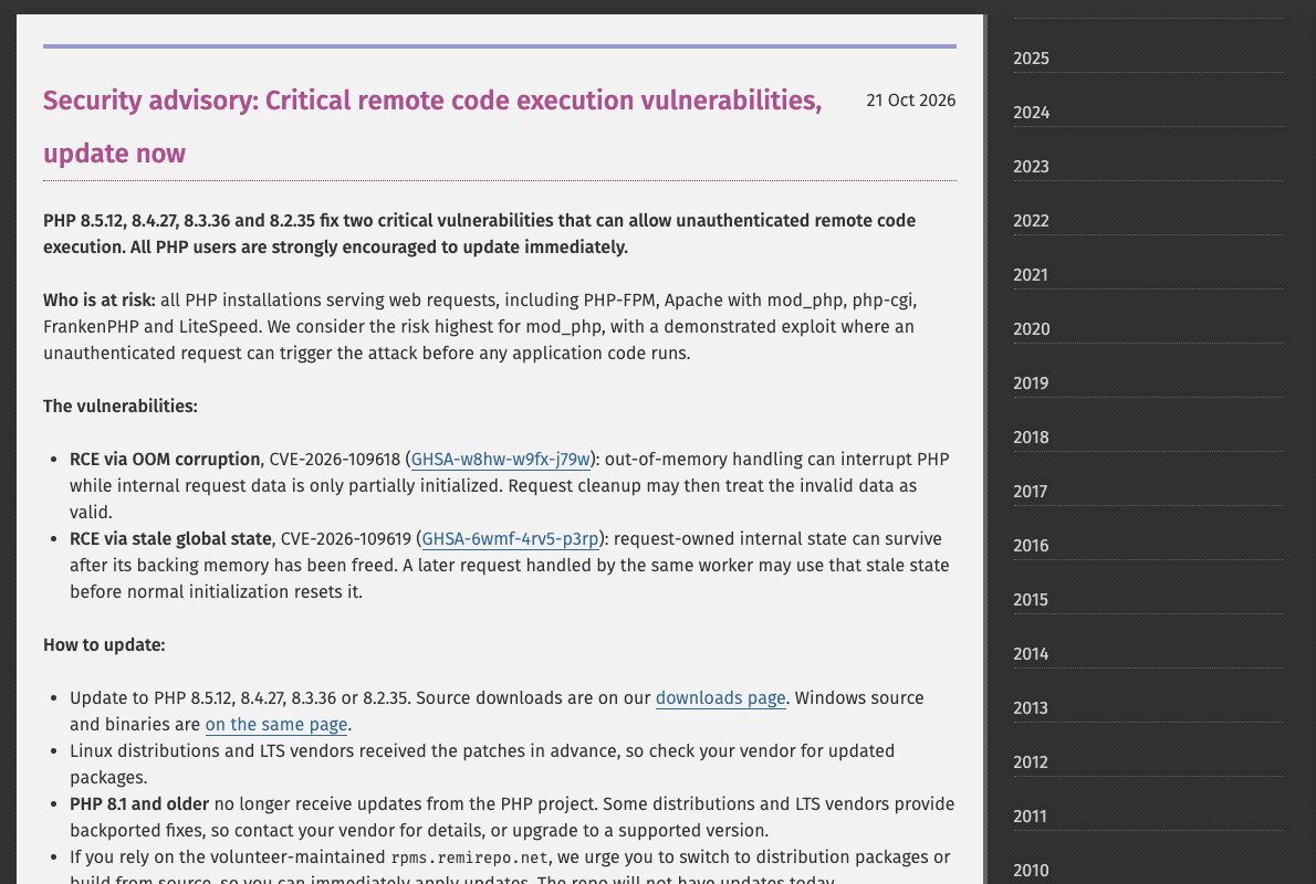 php.net に掲載された PHP 8.5.12・8.4.27・8.3.36・8.2.35 セキュリティリリースの告知